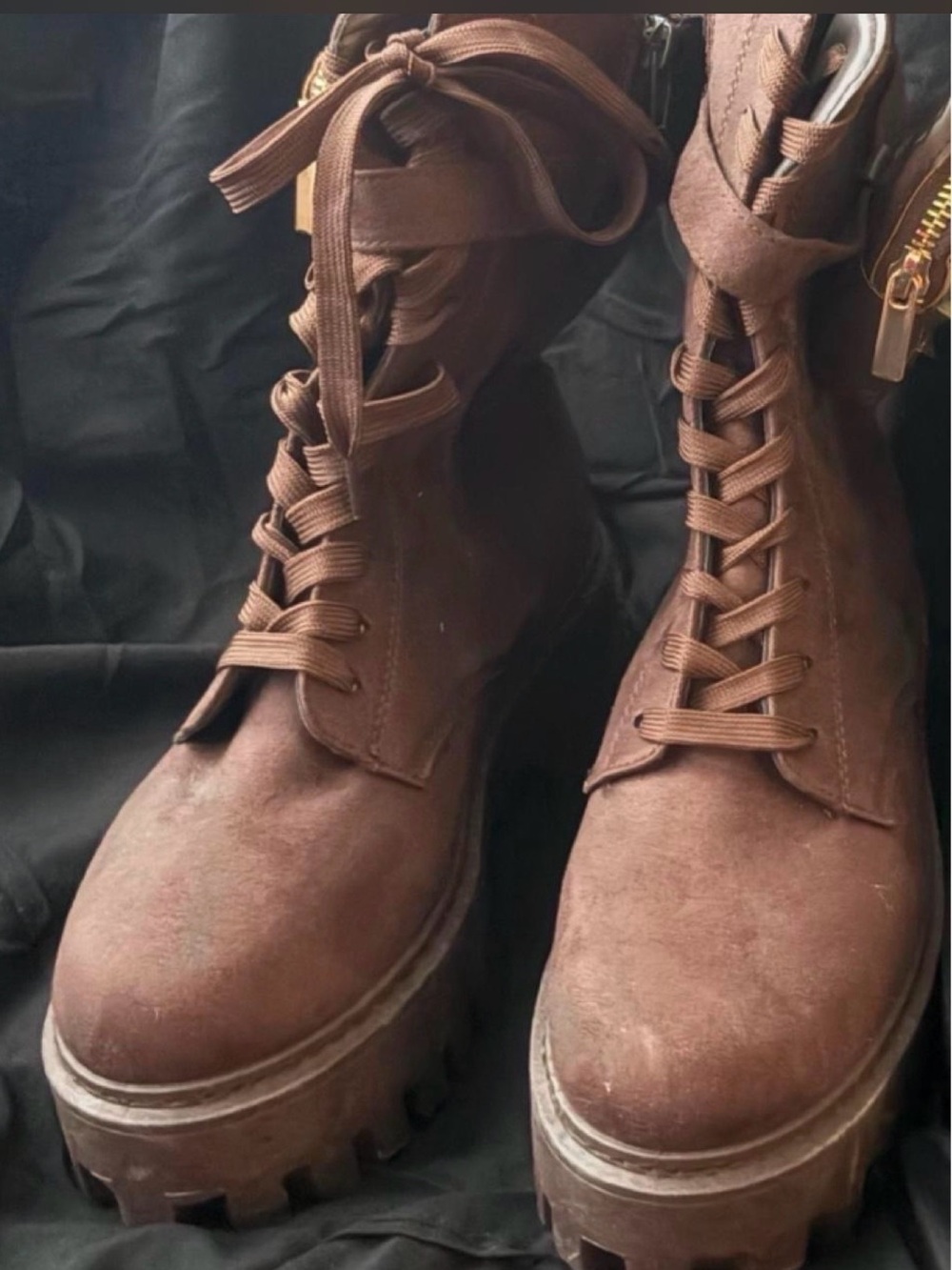 Rainbow Shops Chunky Brown Lace-Up Platform Pocket Combat Boots